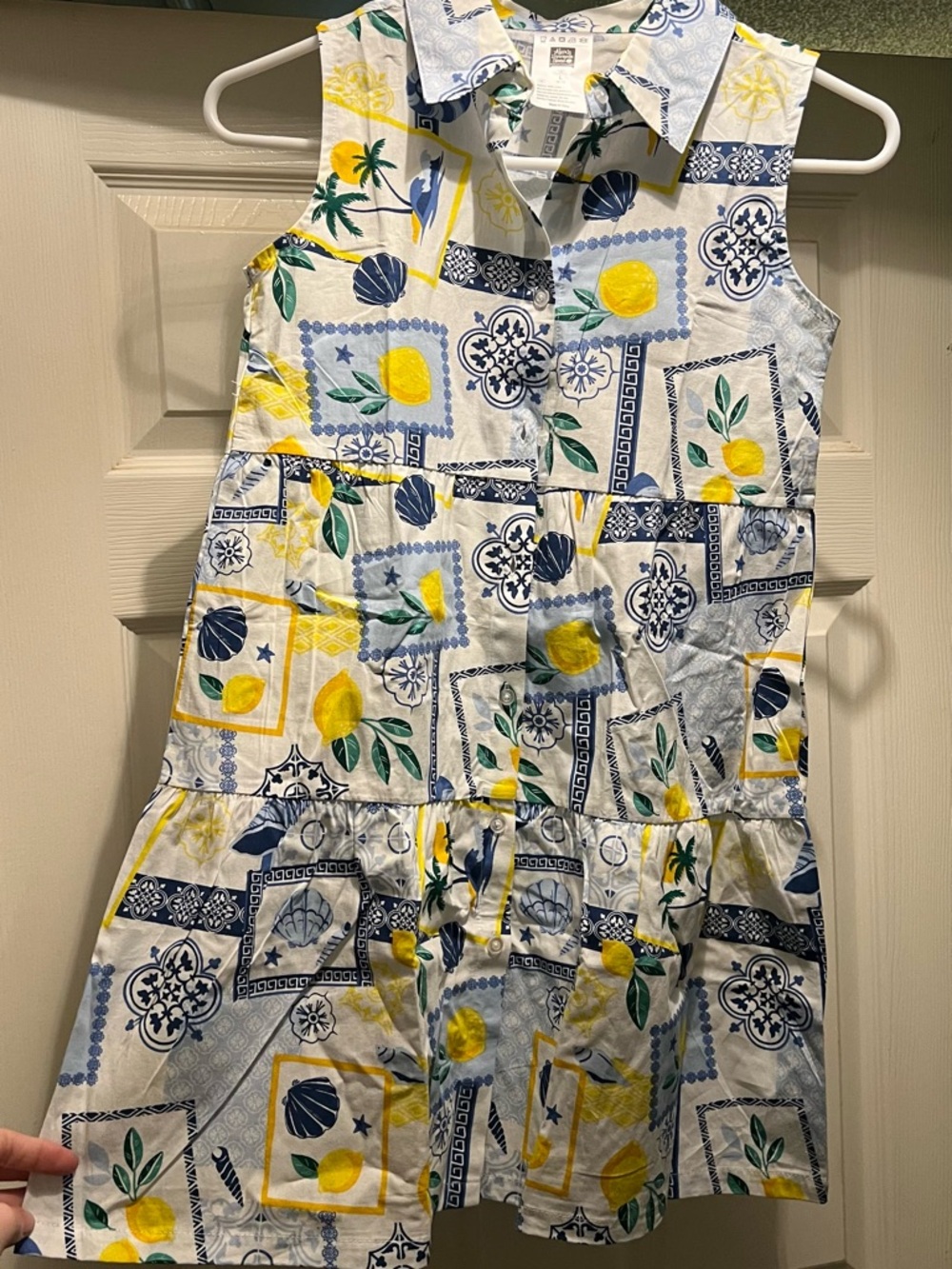 Girls' Sleeveless Lemon Print Cotton Dress - White & Yellow